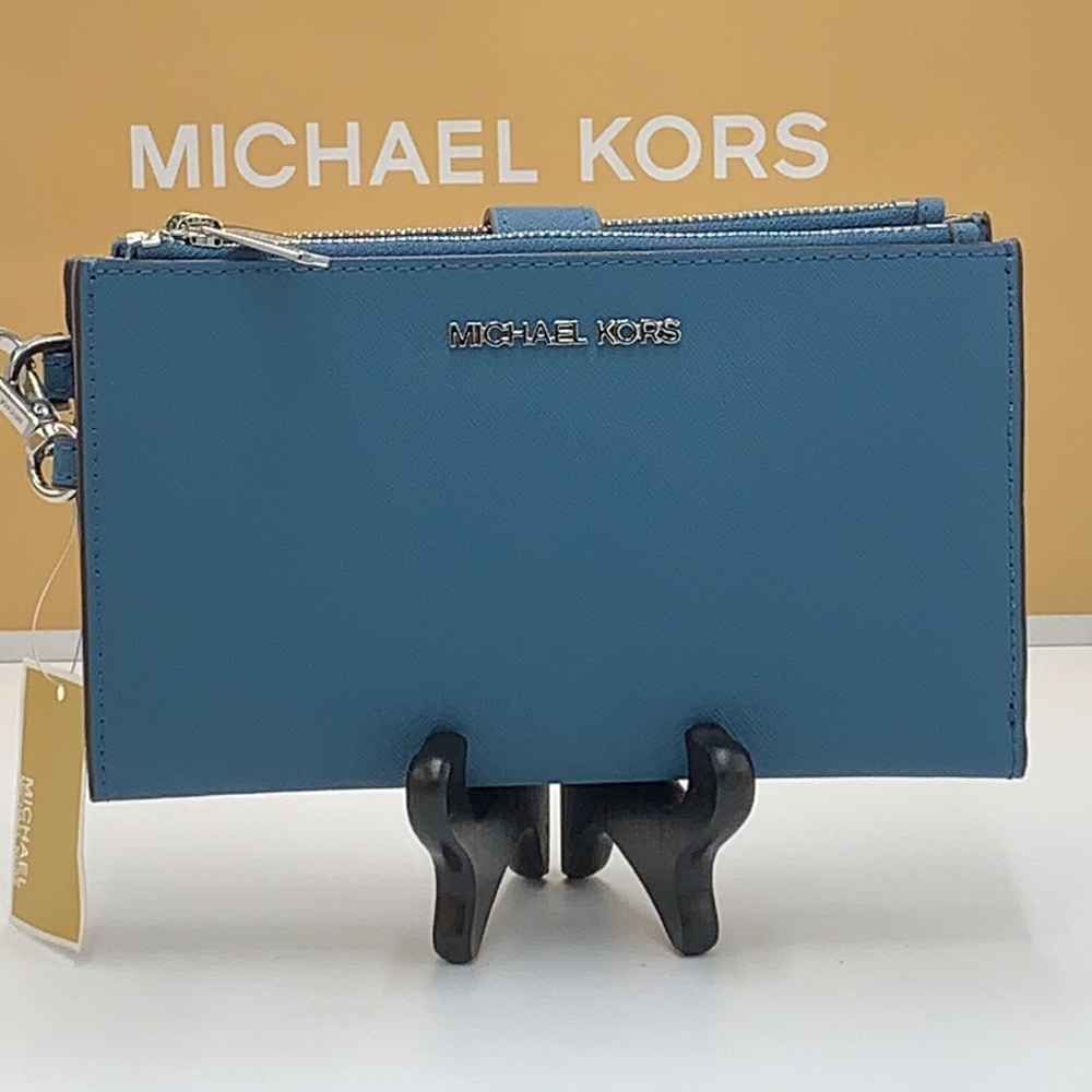MICHAEL KORS LG DOUBLE ZIP WRISTLET Wallet Teal Color - Picture 2 of 15